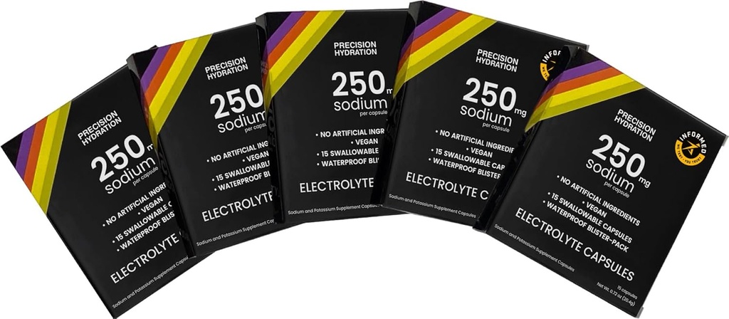 精密水和の電解液のカプセル- 15のまめによって詰められる(防水)/塩のカプセル-Combat Cramp -人工的な原料無し、Digestion-Friendlyの方式-グルテンフリー、Veganの友好的(5パック)