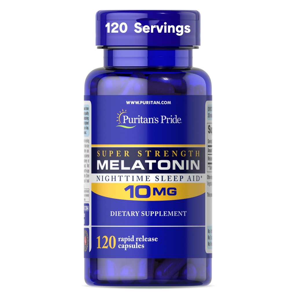 Puritan's Pride Premium Super Strength Melatonin 10mg Sleep Aid、Sound、Resful、Longer Sleep Support、4ヶ月サプライ、120急速リリースカプセル(パッケージ5月Vary)