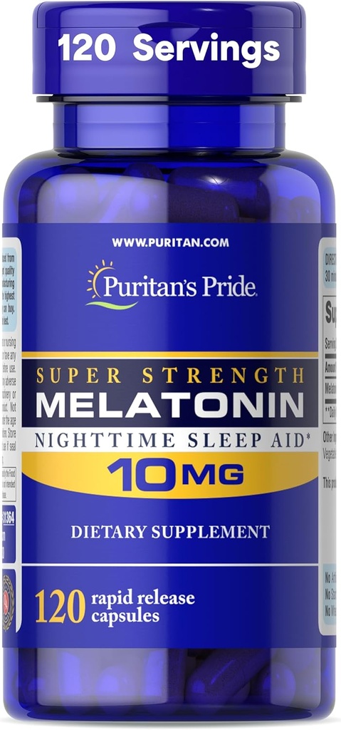 Puritan's Pride Premium Super Strength Melatonin 10mg Sleep Aid、Sound、Resful、Longer Sleep Supportの栄養補助食品、4ヶ月サプライ、120急速なリリースカプセル(5月Varyのパッケージング)