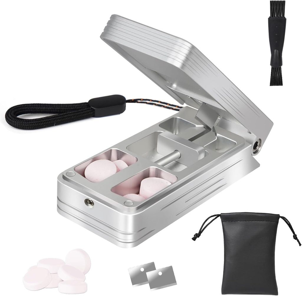 小型および小さな丸薬、自動センタリング装置および2の取り替え可能なステンレス鋼の刃が付いている専門のアルミニウム丸薬のディバイダー、PUの箱(銀)が付いている携帯用丸薬のディバイダーのための丸薬のカッター