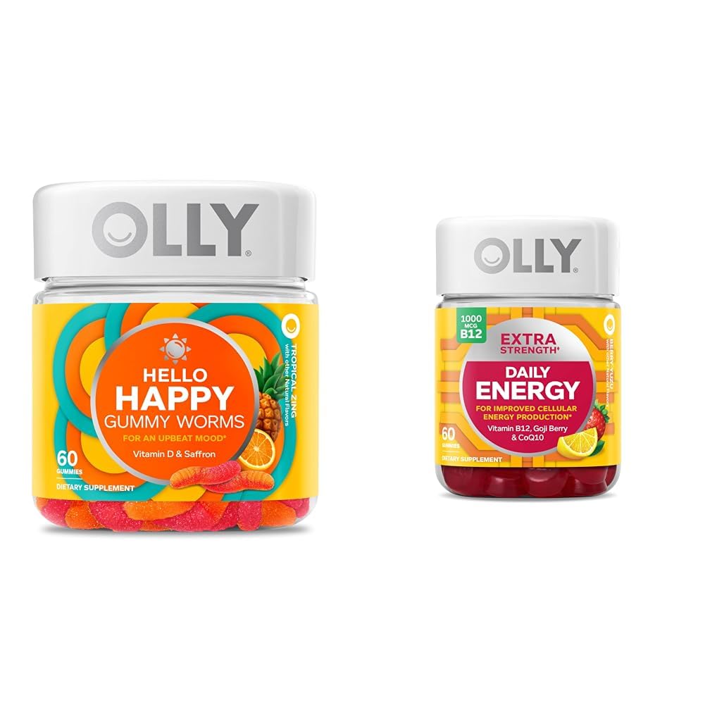 OLLYこんにちはハッピーガミーワーム、気分のバランスサポート、ビタミンD、サフラン、大人のChewable補足及び余分強さの毎日のエネルギー ギーミー、カフェインは、1000mcgのビタミンB12、CoQ10、Gojiのベリー放します