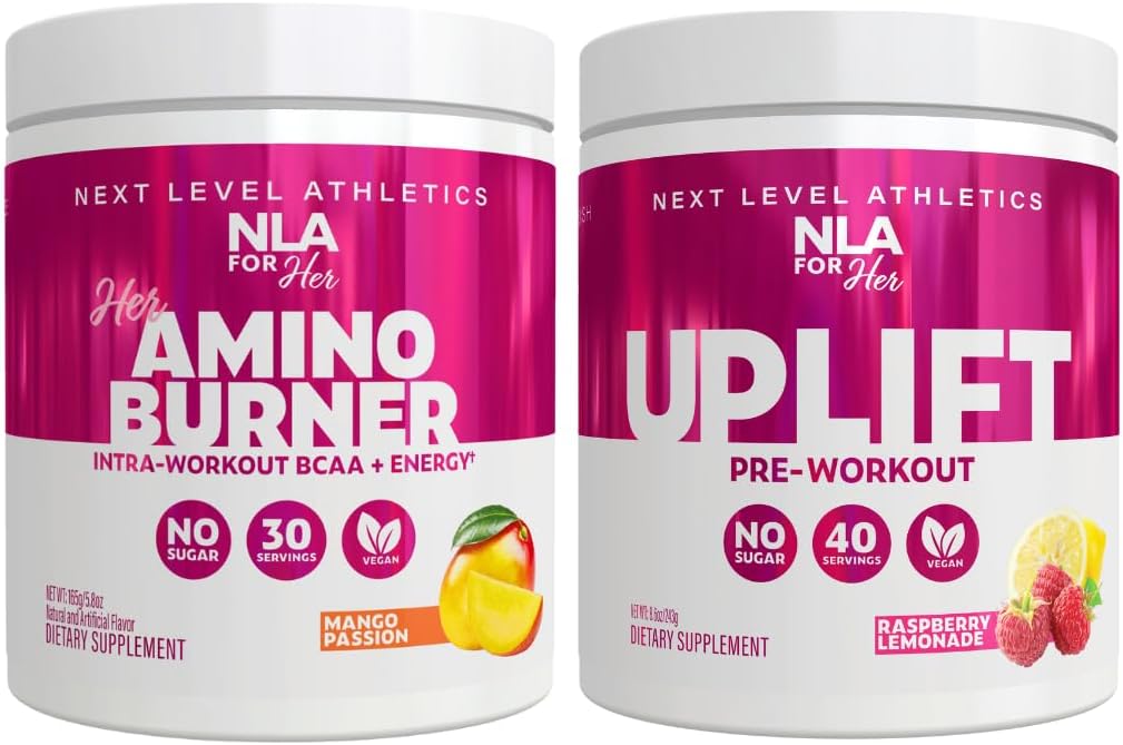 NLA for Her Pre/Intra Workout Stack (Includes Her Thermogenic Amino Mango Passion and Uplift Pre Workout Raspberry Lemonade)