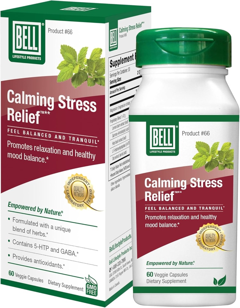 Bell Lifestyle Calming Stress Relief Herbal Blend with 5-HTP & GABA for Stress Support and Relaxation, 60 Veggie Capsules