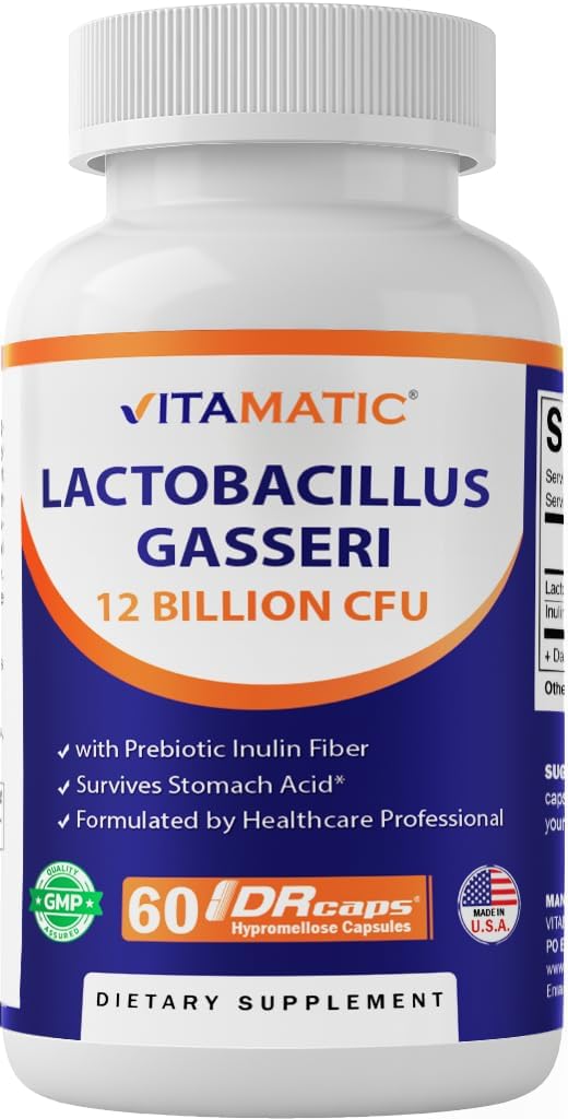 Vitamatic Lactobacillus Gasseri - DRカプセルあたり12億 - 60カウント - 消化器系サポート - プレバイオティックインリンファイバー製