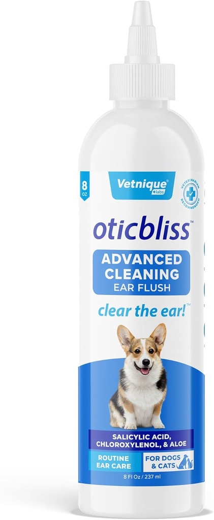 Vetnique Oticbliss Cat & Dog Ear Cleaner: 感染症、防腐性フラッシュ、およびかゆみを減らすためのワイプ - かゆみ耳(8oz、フラッシュ)におすすめのVet