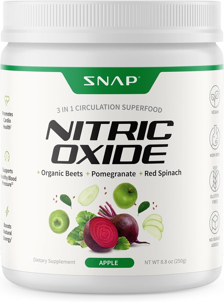 Snap Supplements Organic Beet Root Nitric Oxide Powder - Supports Energy and Healthy Circulation, 8.8 oz (30 Servings, 1 Month Supply), Apple