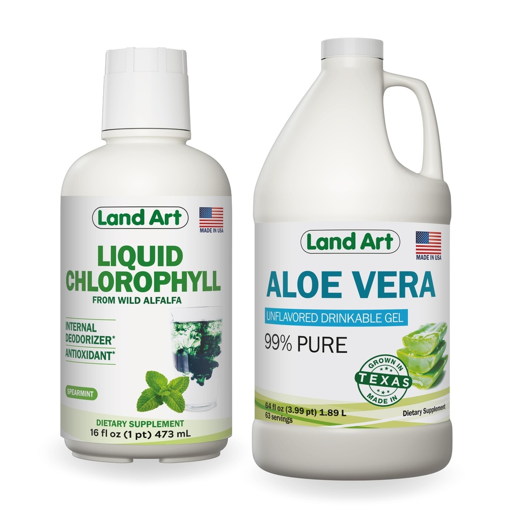 土地の芸術の純粋なアロエVeraの飲用可能なゲルのUnflavored 64のflのoz +液体Chlorophyllのミントは16のflのozを味付けしました