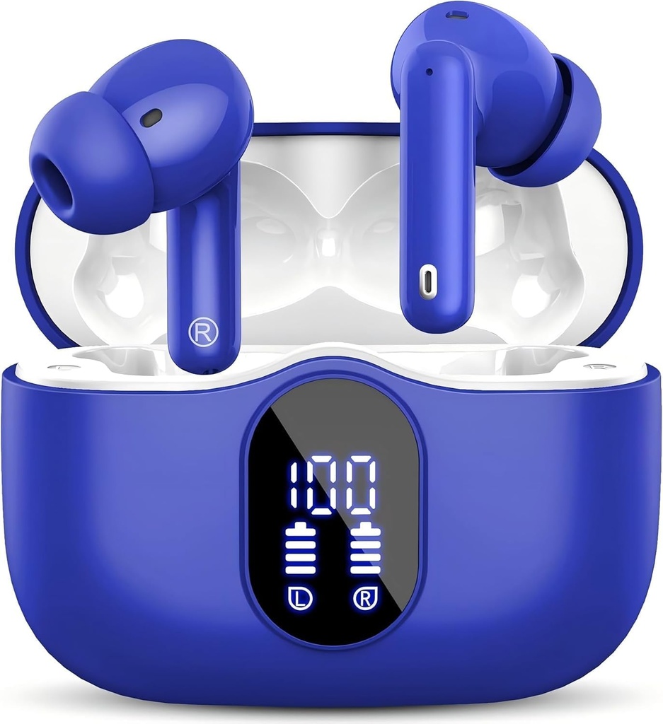 Wireless Earbuds Bluetooth 5.3 Headphones Bass Stereo Ear Buds with Noise Cancelling Mic LED Display in Ear Earphones IP7 Waterproof 36H Playtime for Laptop Pad Phones Sports Workout Blue