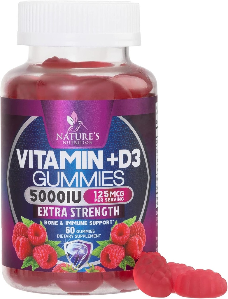 ビタミンD3サプリメントガミー5000 IU(125 mcg) 人と女性のためのビタミンD - 骨、歯、筋肉、免疫の健康サポート、高効力VIT D3自然非GMO&グルテンフリー - 60グミ