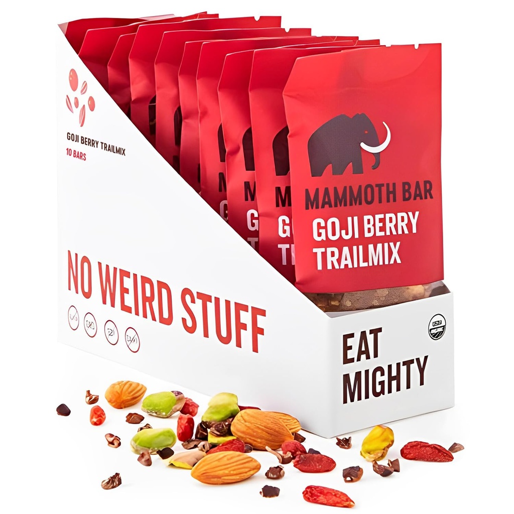 Mammoth Bar Goji Berry Trail Mix - 10 Organic Protein Bars – Prebiotic • Paleo • Gluten Free • Egg Protein • GMO Free • Raw • Premium Nuts