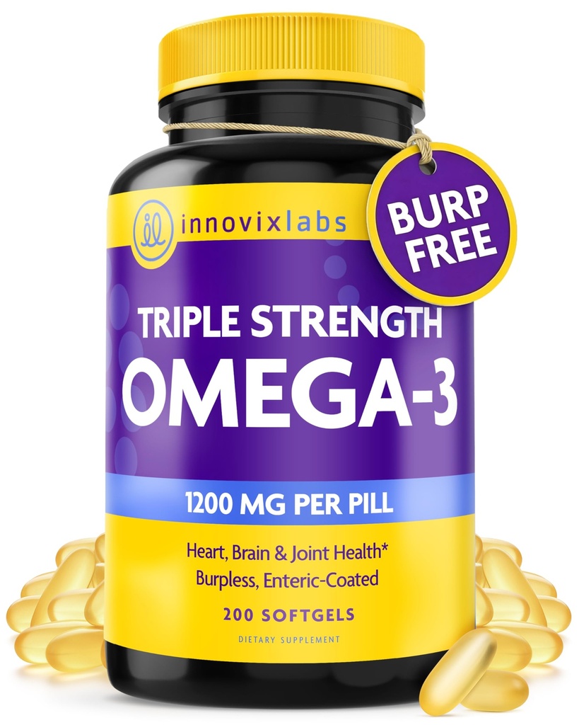 InnovixLabs トリプル 強度オメガ 3 サプリメント, 女性と男性のためのバープレス フィッシュ オイル - 900 mg EPA & DHA, 脳 & ジョイント サポート, 受賞 & サードパーティ 試験, 200 Softgels