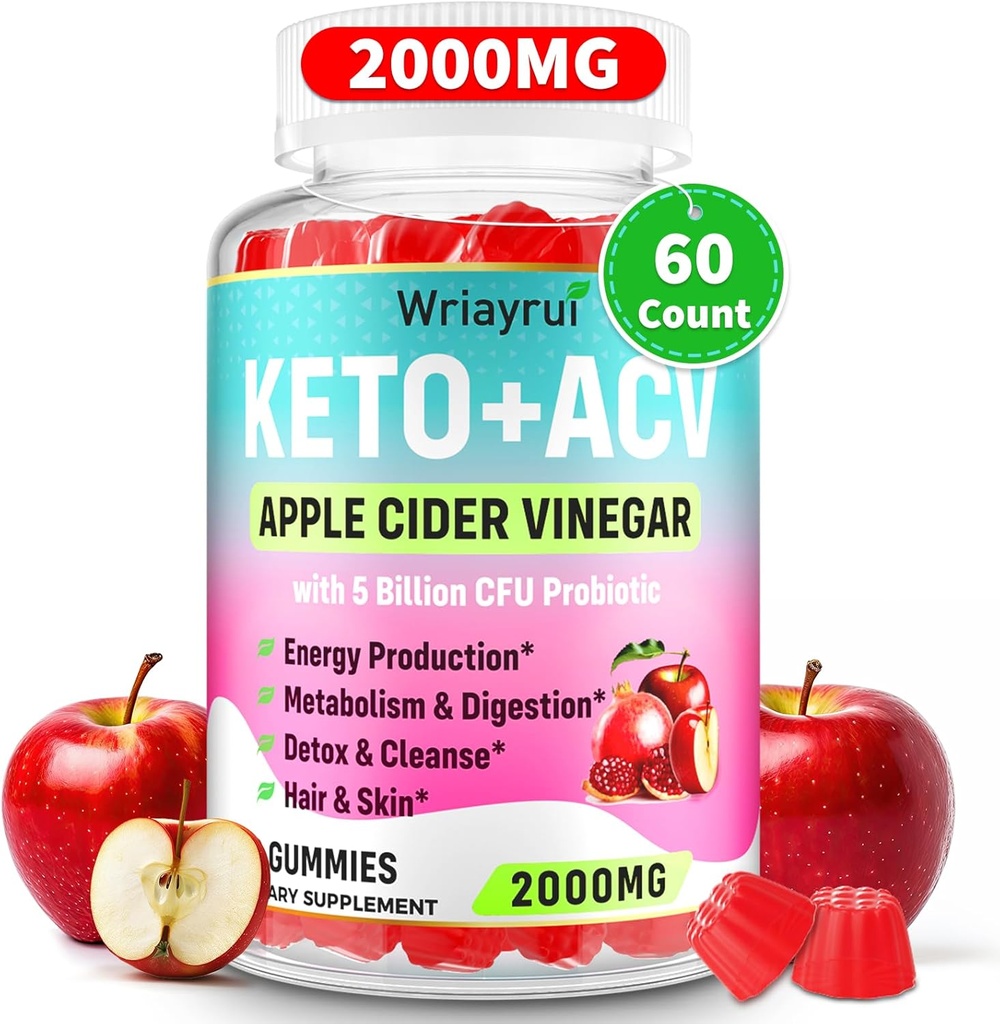アップルサイダー酢のガミー、高速リッピングKeto ACVガミー、マックス強度2000mg、緑茶、B6&B12、プロバイオティクス、メタボリズム、消化、デトックス&クレンジング、60カウントのACV