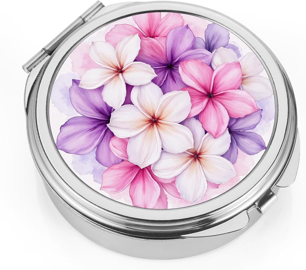 Dynippy Pill Case Pill Box with Mirror Pocket 3 Compartment Medicine Case ビタミン ピル オルガナイザー for Pocket Purse and Travel (Round, Silver-BloomBurst)