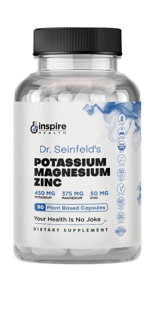 Magnesium Potassium Supplements w/Zinc - 90 Capsules - Magnesium Potassium Zinc for Vascular Health – High Absorption Vegan Supplement for Leg Cramps & Sleep Dr Seinfeld