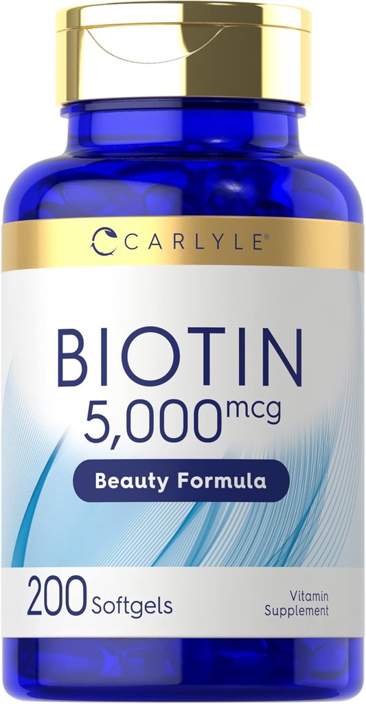 Carlyle Biotin 5000mcg Softgels | 200 カウント | 皮膚と爪のビタミン | 非GMO、グルテンフリーサプリメント