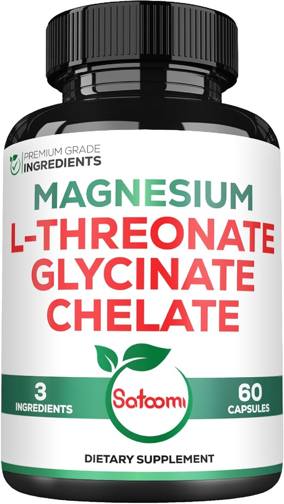 Satoomi 1200mg 3in1 マグネシウム L-Threonate サプリメント Glycinate & Chelate - 60 ビーガンカプセル