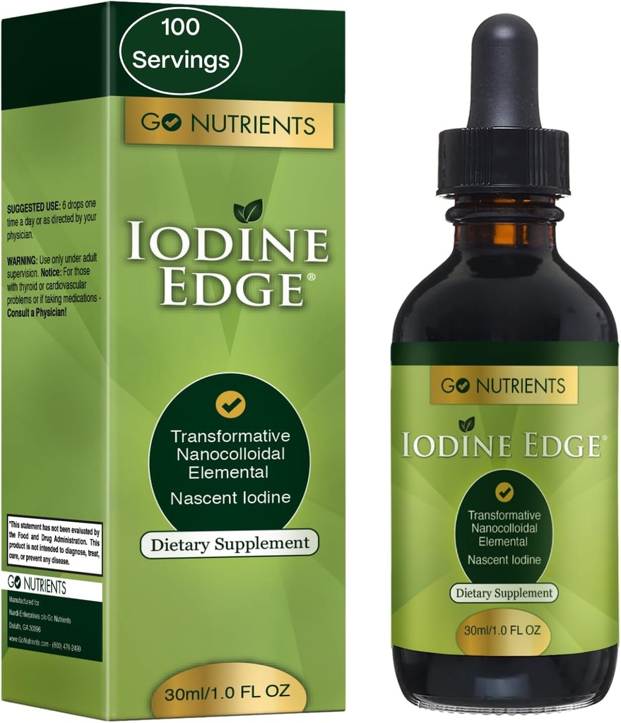 Go Nutrients Iodine Edge – Organic Nascent Iodine Liquid Supplement for Thyroid Support, Energy, Immune & Cognitive Health – High Absorption Drops - Natural Tincture for Women & Men – 1 oz