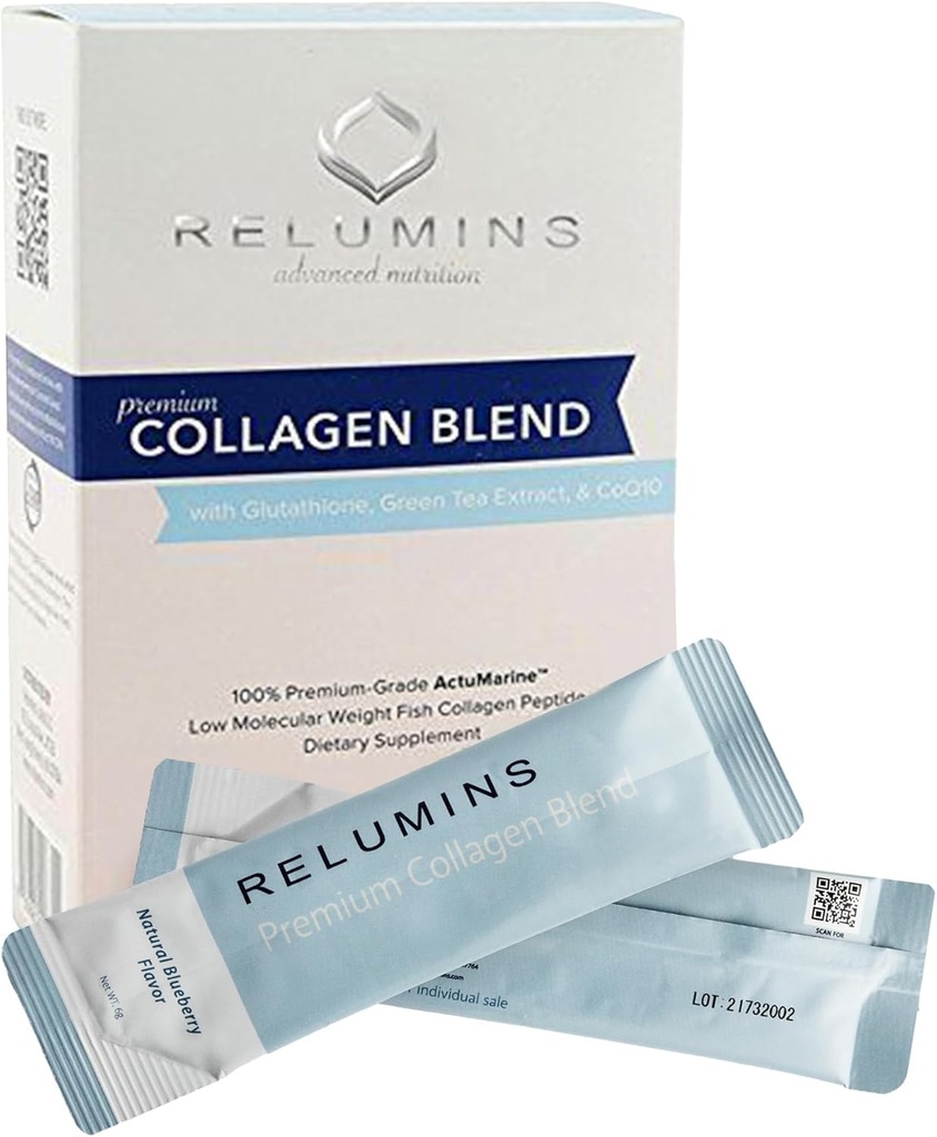 Relumins Marine Collagen Powder Drink Mix - Collagen Peptide with Glutathione, Green Tea, CoQ10, & Hyaluronic Acid Boosts Smooth Glowing Skin - 20 Powder Sachets x Blueberry Flavored + 2 Free Sachets
