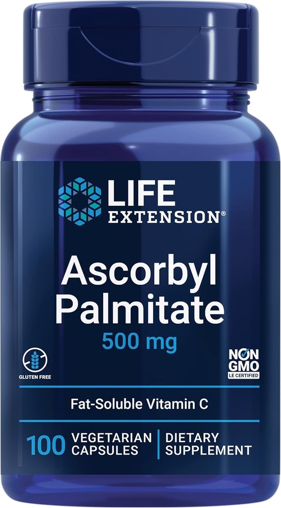 Life Extension Ascorbyl Palmitate 500mg – Fat-Soluble Vitamin C Supplement for Immune Support and Longevity – Water-Soluble Gluten-Free, Non-GMO, Vegetarian – 100 Capsules