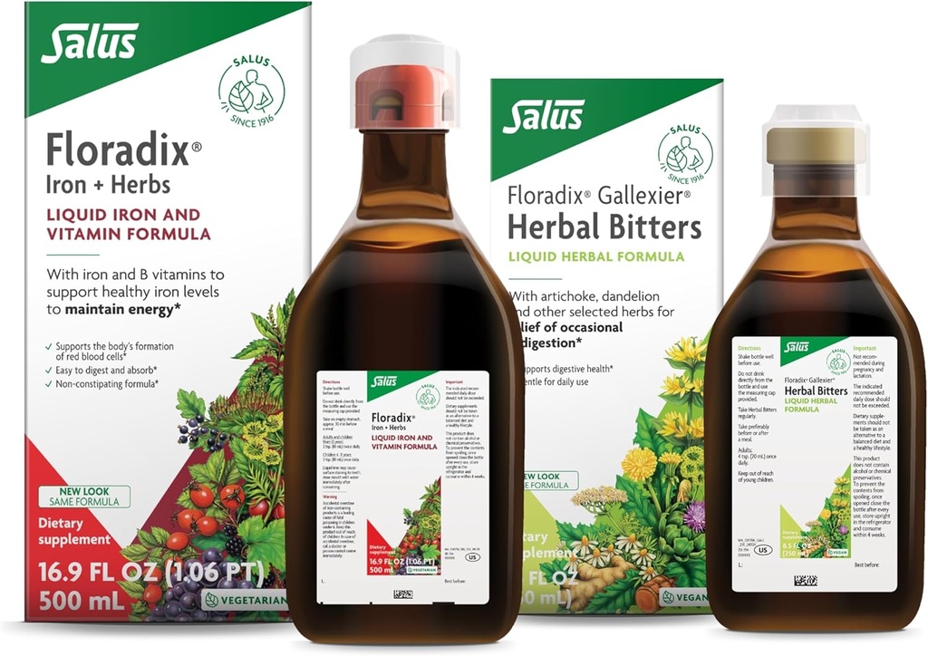 Floradix by Salus Gallexier Herbal Bitters (8.5 oz) & Iron & Herbs (16.9 oz) Bundle - Herbal Bitter for Digestive Support* - Iron Supplement for Healthy Energy Support*