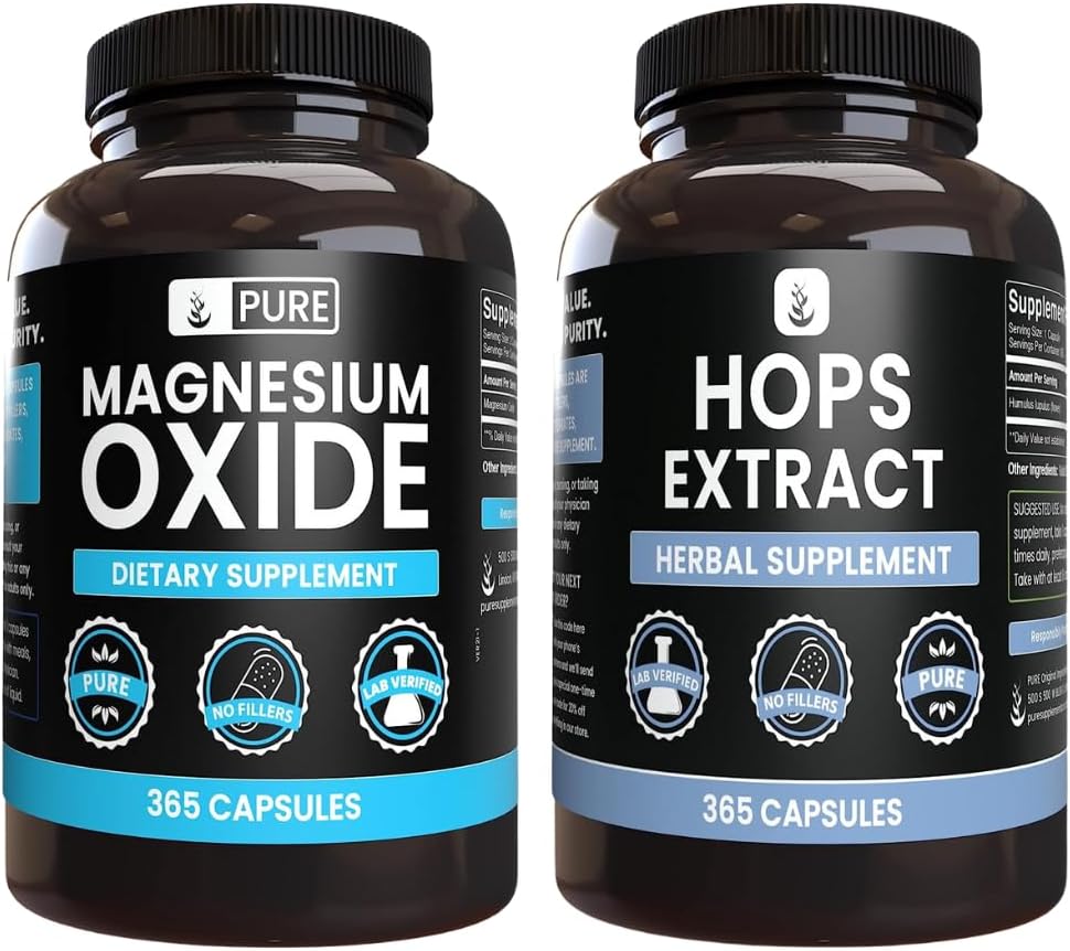Pure Original Ingredients Magnesium Oxide and Hops Extract Bundle, 365 Capsules Each, No Fillers, Always Pure