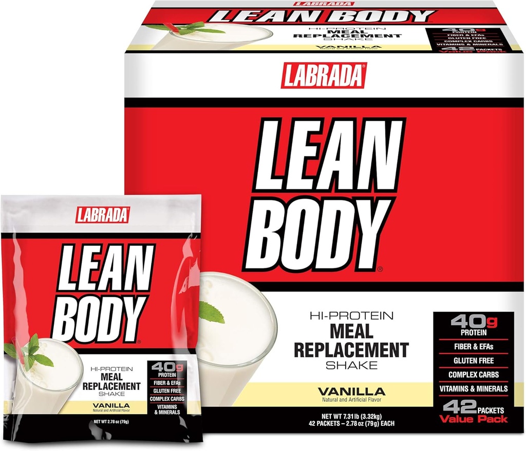 Labrada LeanボディMRPオールインワンバニラミール交換シェイク、40gプロテイン、Wheyブレンド、8g健康な脂肪EFAの&繊維、22のビタミンおよび鉱物、人工的な色無し、グルテンフリー(42パケット)