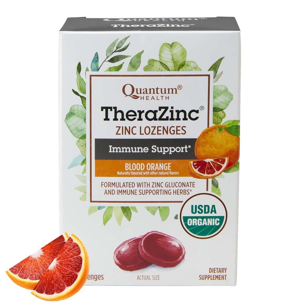Quantumの健康のTheraZincの有機性亜鉛は大人及び子供12+のためのEchinacea及び蜂蜜の免除サポートを緩めます 自然に風味付けされた血のオレンジは後味なしの速い救助- 25の計算を絶食します