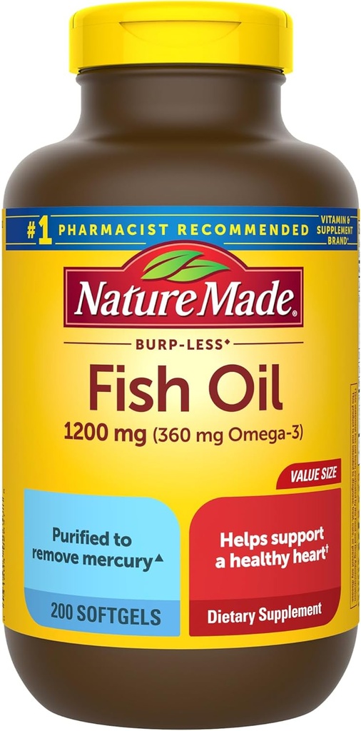Nature Made Burp Less Fish Oil Omega 3 サプリメント, 1200 mg Softgels, Omega 3 健康的な心サポートのための魚油, 200 Softgels, 100 日の供給