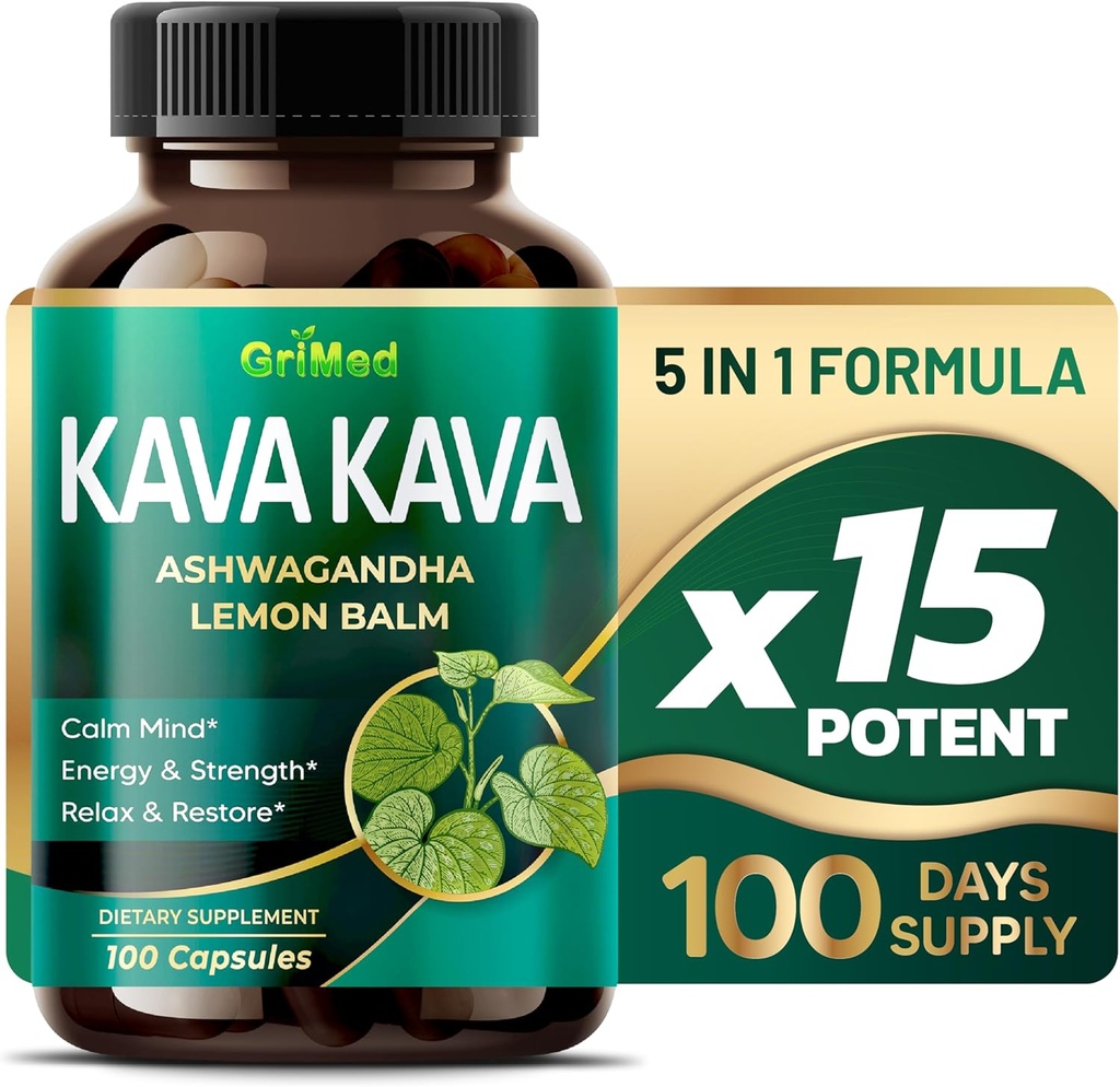GriMed Kava Kava 19,700mg - X 15 Power with Ashwagandha Lemon Balm - Strength, Relax, Restore, Calm - Made in USA (100 Count (Pack of 1))