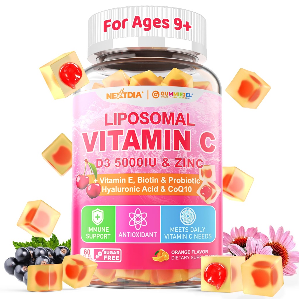 リポソームビタミンC 1000mg + D3 5000IU +亜鉛充填ガミー、フォーレート800mcg Chewableサプリメント、免疫、ヒアルロン酸、VE、美容、エネルギー、全体的な健康、砂糖無料、ナチュラル