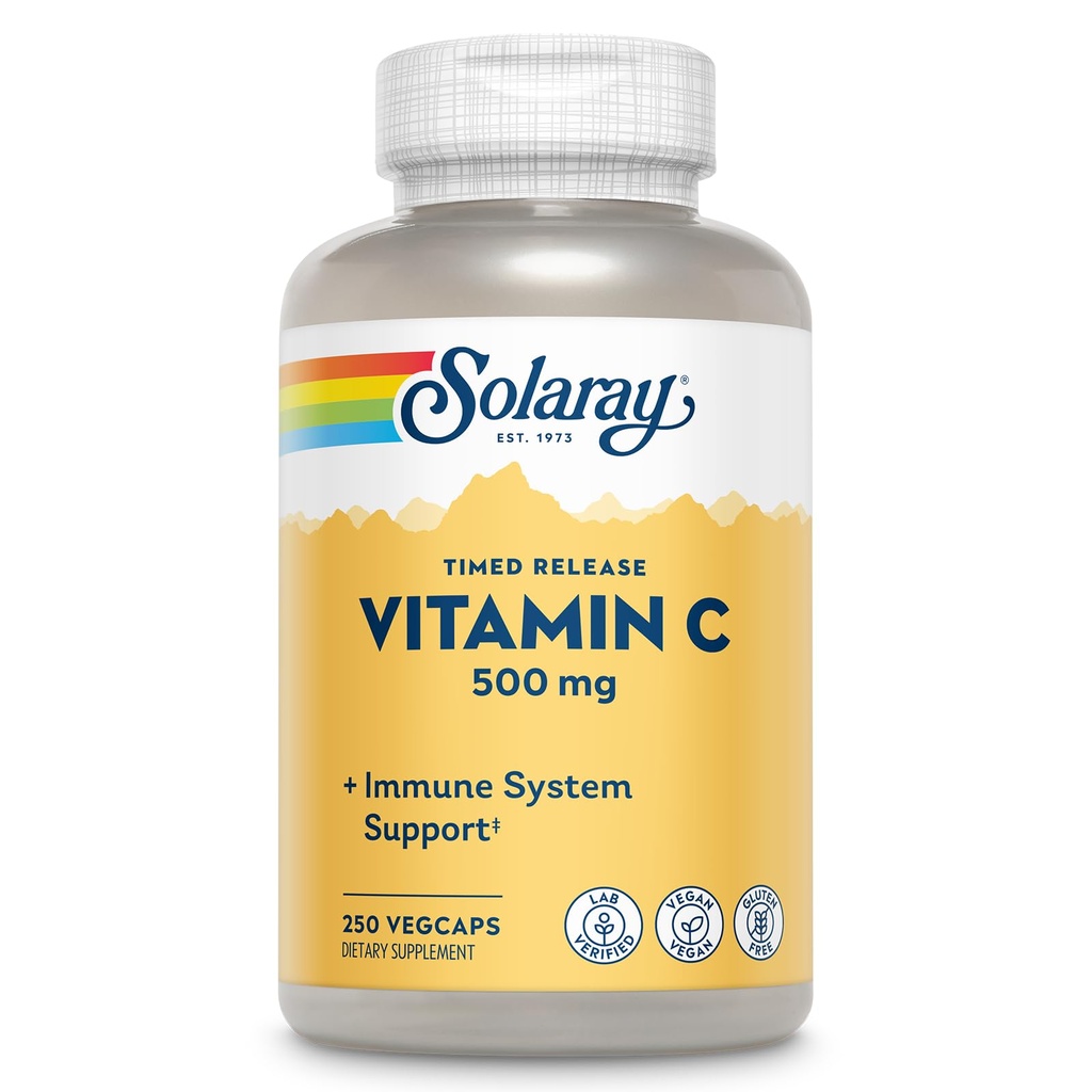 SOLARAYビタミンC 500mg、2ステージタイムリリース - 抗酸化剤と免疫サポートサプリメント - ビタミンCとローズヒップとアセローラ、ビーガン、グルテンフリー、60日間保証、250のサービング、250 VegCaps