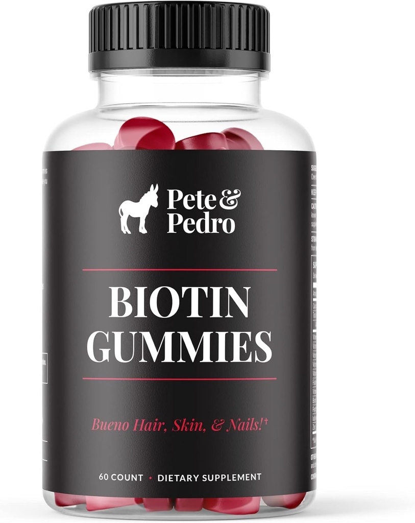 ピート&ペドロ BIOTIN 女性&男性のための髪、皮膚&爪の成長のためのグミー |ヘアケアはより強い肌のためのサプリメントを育てます | サービングごとのチェリービオチンガミー5000mcg | シャークタンクで見る、 60 カウント