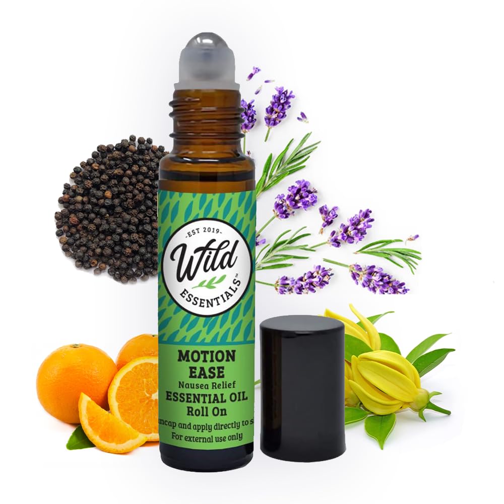 ワイルド エッセンシャル モーション エイズ エッセンシャル オイル ロールオン, 10ml モーション シックネス, 吐き気, アップセット 胃, Vertigo, Dizzy, Seasick, Carsick, 有機ホホバ オイルで作られました, 使用する準備, 保湿剤, すべての自然な