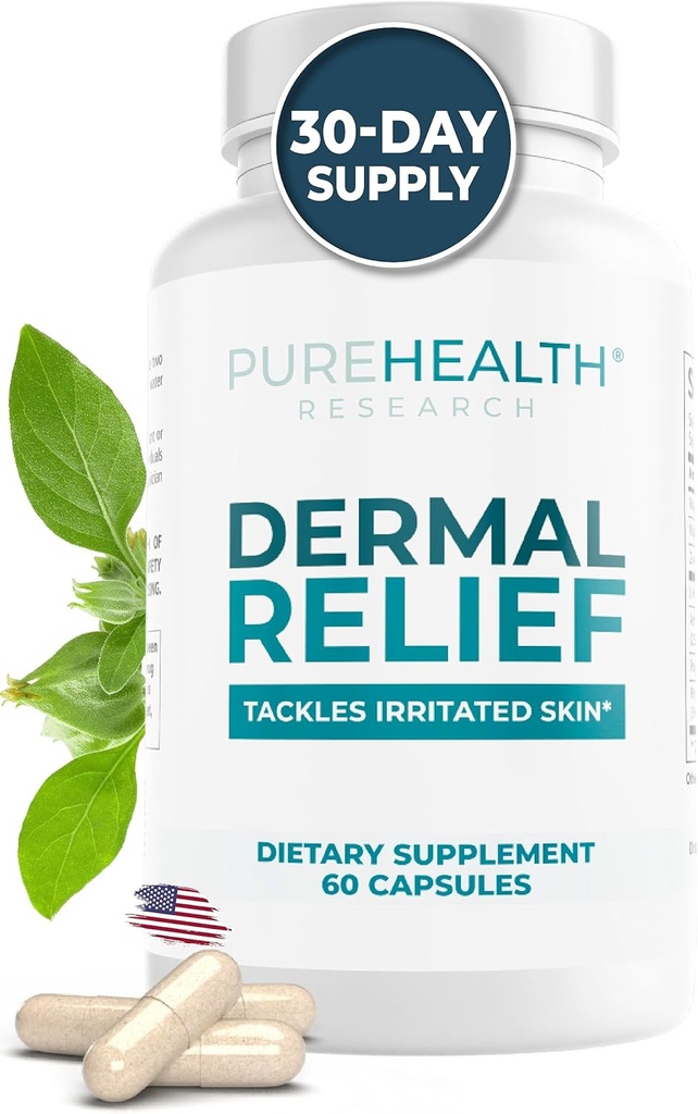 PUREHEALTH RESEARCHの Dermal の救助の補足 - L-Histidine、Ashwagandha の根のエキス、Rhodiola Crenulata、ビタミン D および E - 1 のびんが付いている皮、Eczema および皮膚炎- 60 のカプセルを苛立たせて下さい