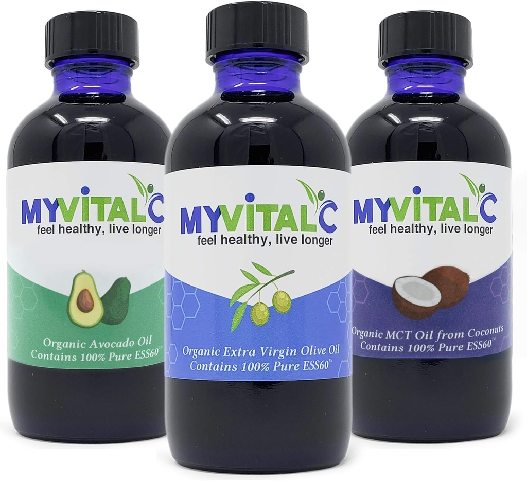 有機エクストラバージンオリーブオイルのMyVitalCコンボ、MCT&Avocadoオイル - ESS60抗酸化サプリメント - アンチエイジング、長寿、睡眠、エネルギー - 3のパック