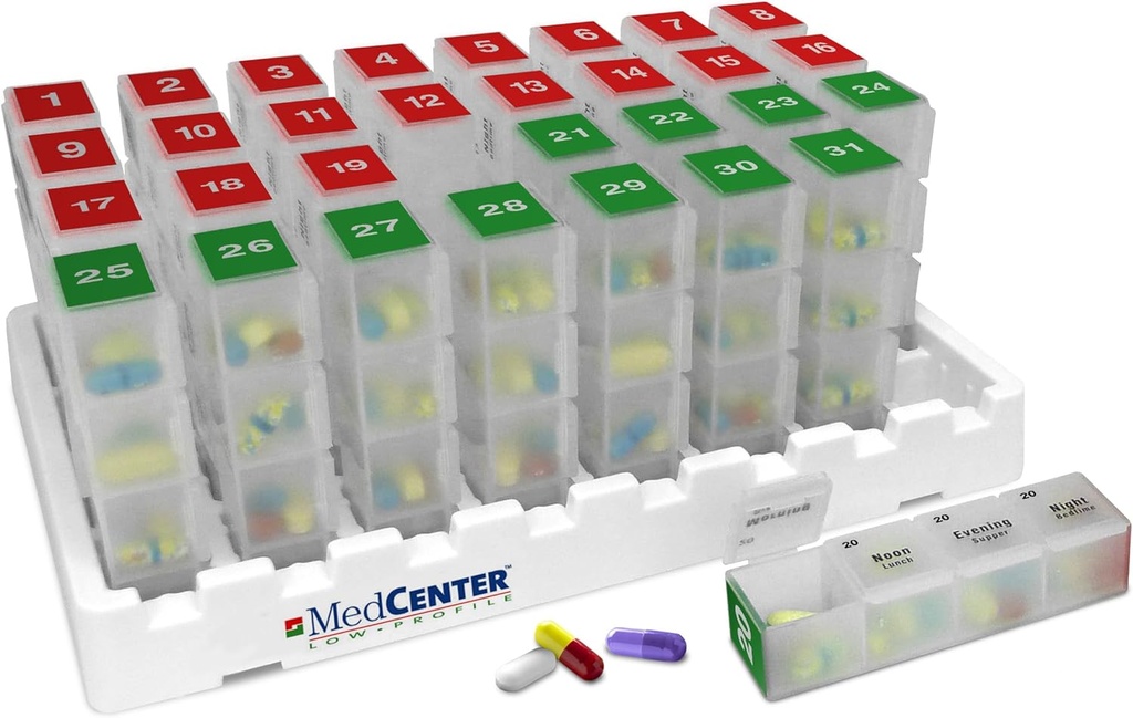 MedCenter Monthly Pill Organizer 4 Times a Day, 31-Day Medication Organizer for Drawer or Lock Box with 31 Pill Boxes and 4 Daily Compartments Gift for Mom, Dad, Elderly, and Seniors