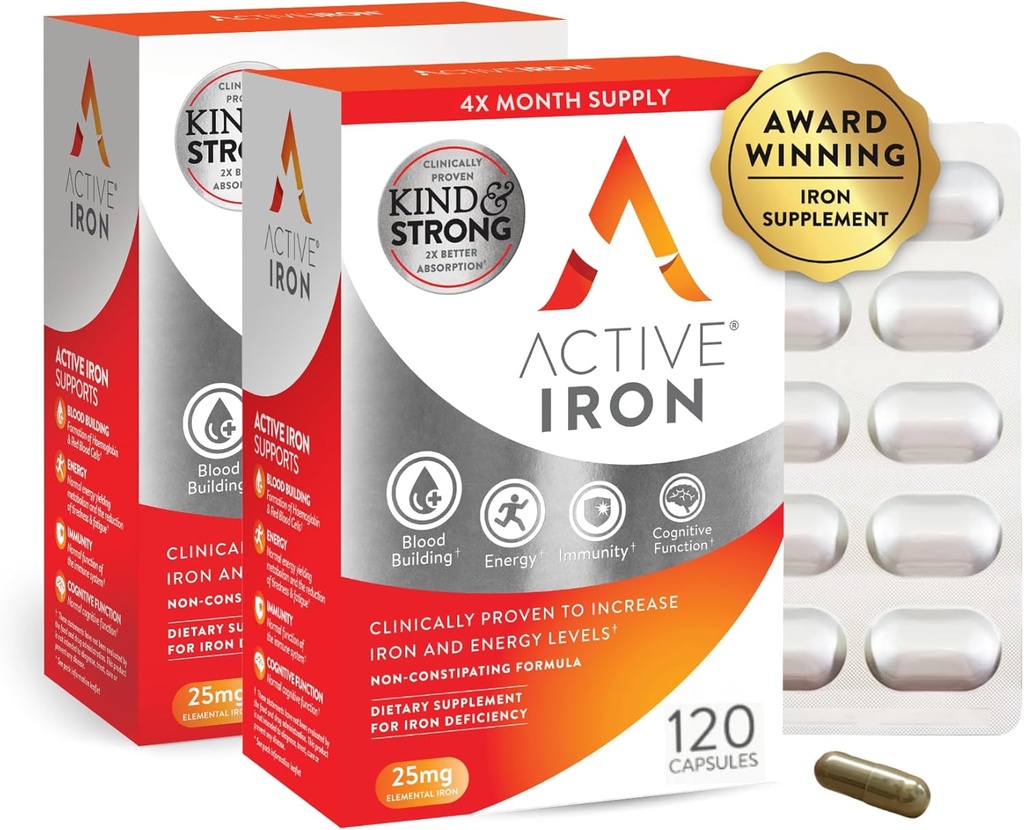 Active Iron Supplement 25mg – Clinically Proven to Increase Iron & Energy Levels – Gentle, Non-Constipating, Highly Absorbed – 120 Capsules