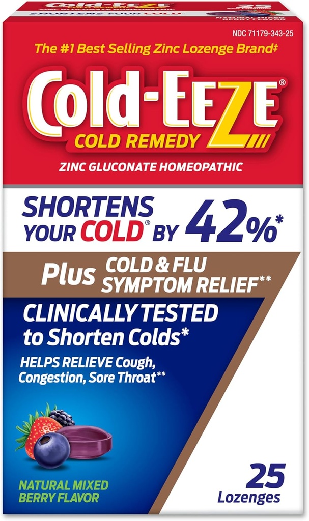 Cold-Eeze Plus Natural Mixed Berry Cold & Flu Zinc Lozenges, Multi-Symptom Relief, Homeopathic Cold Remedy, Reduces Duration of The Common Cold, Sambucus Nigra to Relieve Cold & Flu Symptoms, 25 Ct