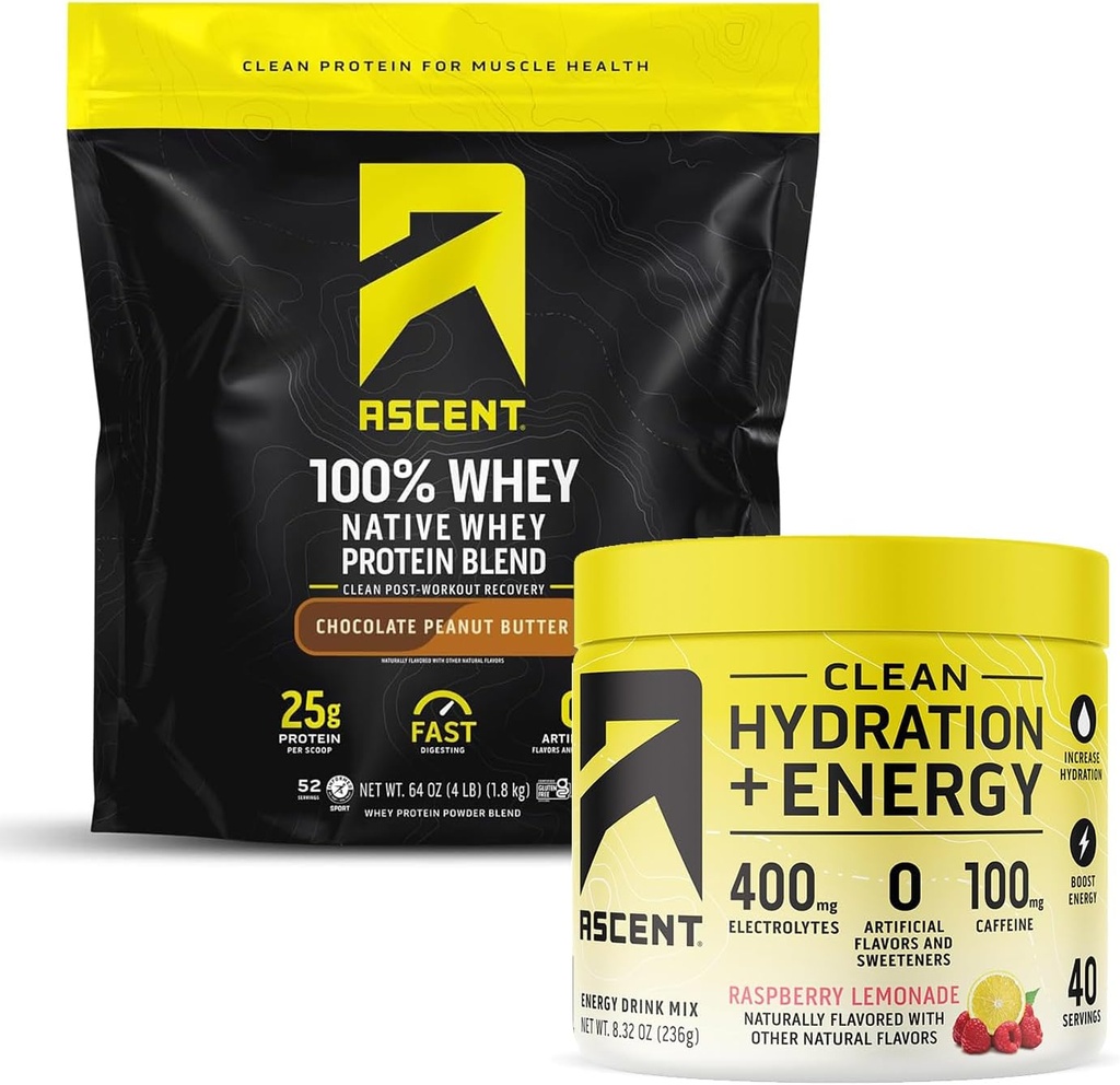 Ascent 100% Whey Protein Powder, Chocolate Peanut Butter 4 lb & Hydration + Energy Electrolytes, Raspberry Lemonade 40 Servings