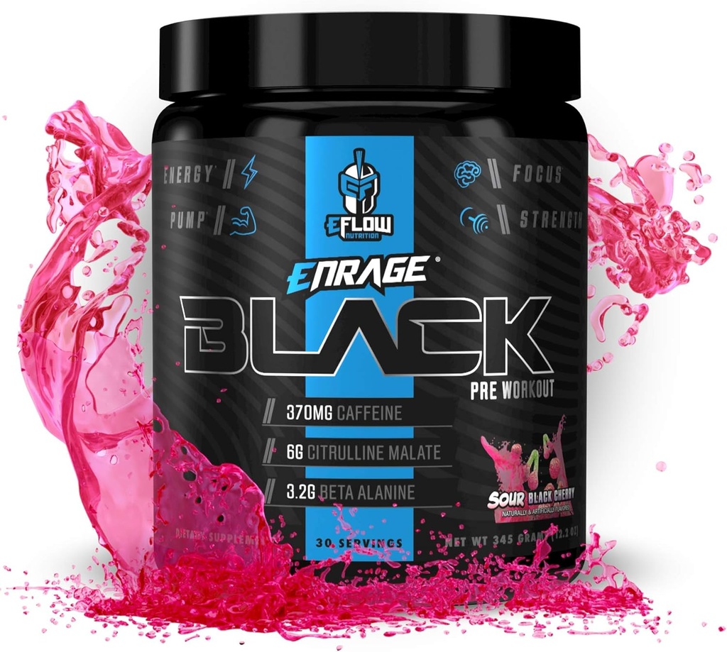 eFlow Nutrition Enrage Black High Stimulant Pre Workout Supplement - Preworkout Powder to Boost Energy, Pumps and Strength - 4 Flavors (30 Servings) (Sour Black Cherry)