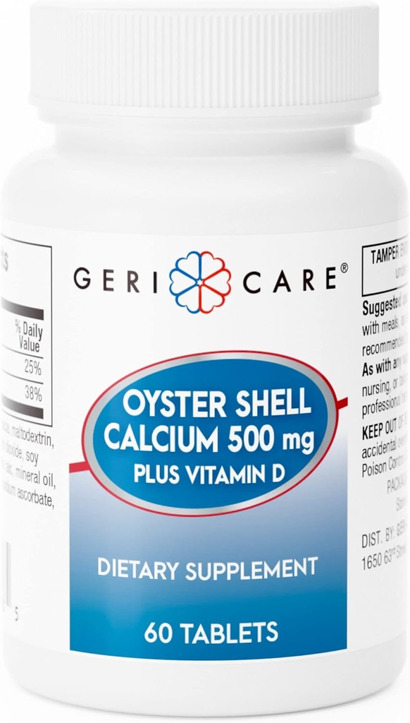 GeriCareオイスターシェルカルシウム500mg +ビタミンD、骨の健康、栄養補助錠、60カウント(パッケージ1)