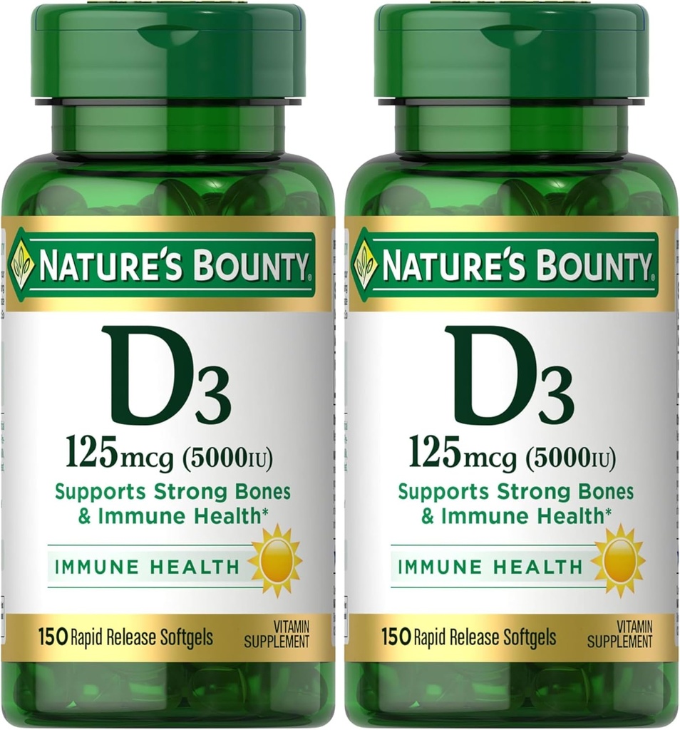 Nature's Bounty Vitamin D3、免疫と骨サポート、5000IU、急速なリリースSoftgels、150 Ct(パッケージ2)