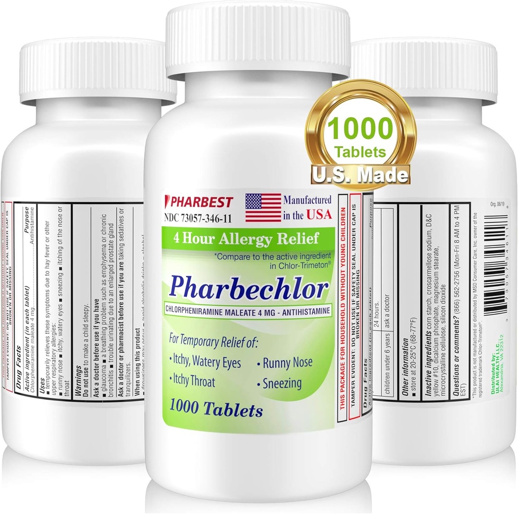 Ulai 4 時間 アレルギー救済 1000 Ct [米国製] | かゆみ、水目、鼻水、鼻水救済 | Chlorpheniramine 髄液 4 mg | 抗ヒスタミンアレルギー薬薬剤 1本