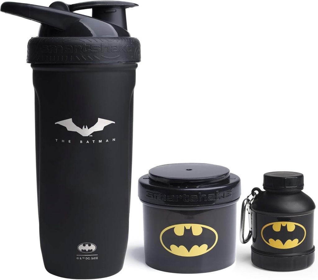 Smartshake DCコミックバンドル - バットマンステンレススチールプロテインシェーカー900mlとファネル110mlとストレージコンテナ200ml。