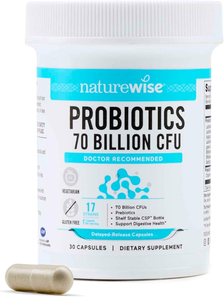 NatureWise Probiotics 70 Billion CFU - 17 Strains + Organic Prebiotics - 免疫、消化及び女性のための腸の健康サポート - ベジタリアン、グルテンフリー、非GMO - 30カプセル[1ヶ月の供給]