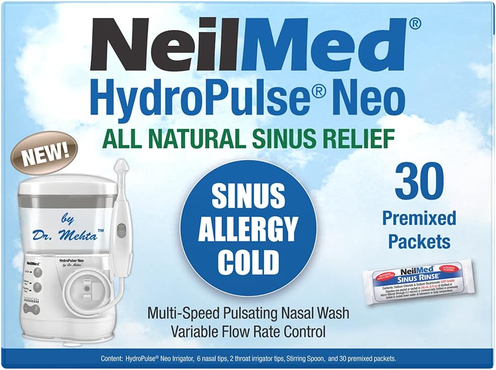 NeilMed HydroPulse Neo。 30 Sinus Rinse Premixed Packetを備えた多速電気脈動鼻灌漑システム。