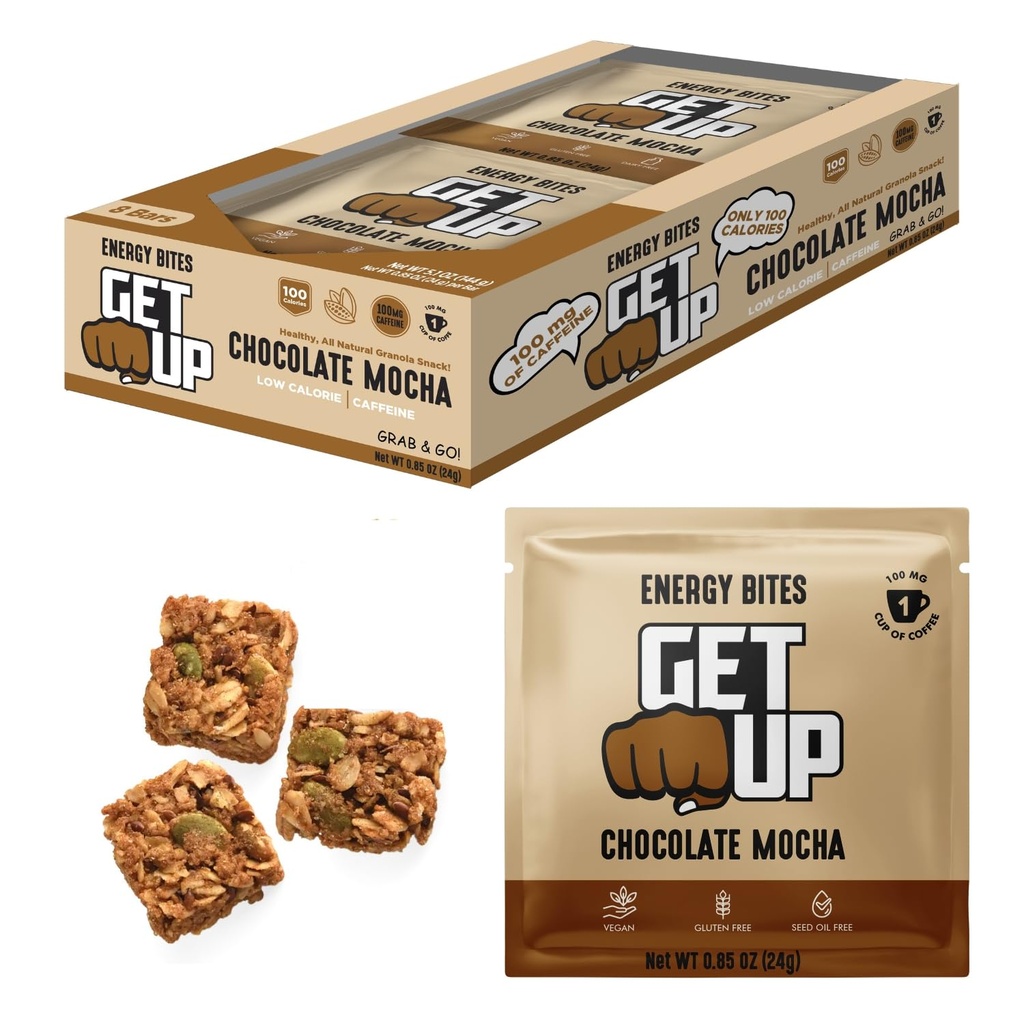 GetUp - カフェイングラノーラビッツ - チョコレートモチャ(10パック) - 100mgカフェインエネルギービッツ - 低カロリー、グルテンフリー、0種子油 - プレワークアウトポータブルスナック - コーヒー代替品 - 低砂糖エネルギー