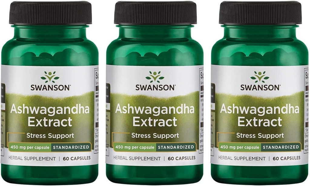 Swanson Ashwagandha Extract-Natural Supplement ヘルシーなストレス対応、エネルギーサポート、Nervous System Health-Ayurvedic Supplement for Natural Wellness-(60カプセル、450mg各) (3パック)