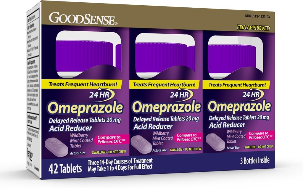 GoodSense Omeprazole、Prilosec、遅れた解放のタブレット20のmgの酸の減力剤、Wildberryのミントの上塗を施してあるタブレット、42の計算と比較して下さい