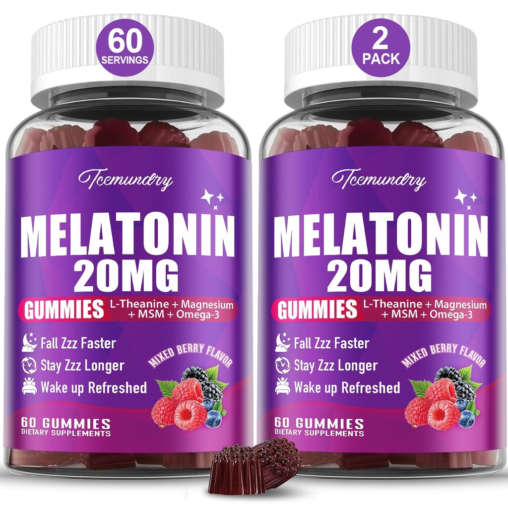 大人のためのメラトニンのグミー20mg - L-テアニン、マグネシウム、オメガ3、MSM、D3&亜鉛の最高の強さのメラトニンのグミ - 非習慣の形成、ビーガン、非GMO、自然な混合された果実味